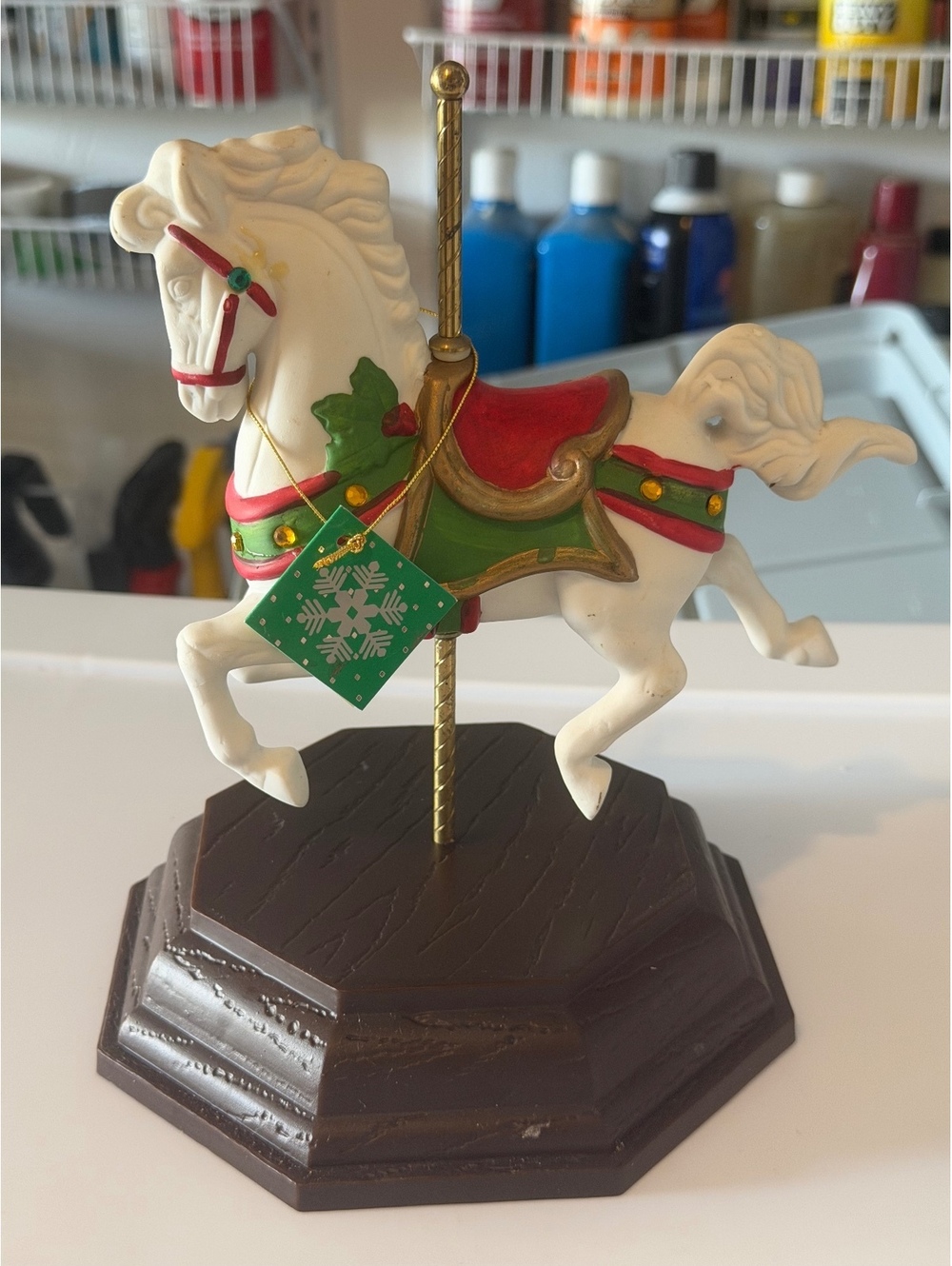 Vintage Carousel Horse Figurine with Holiday Theme on Wooden Base